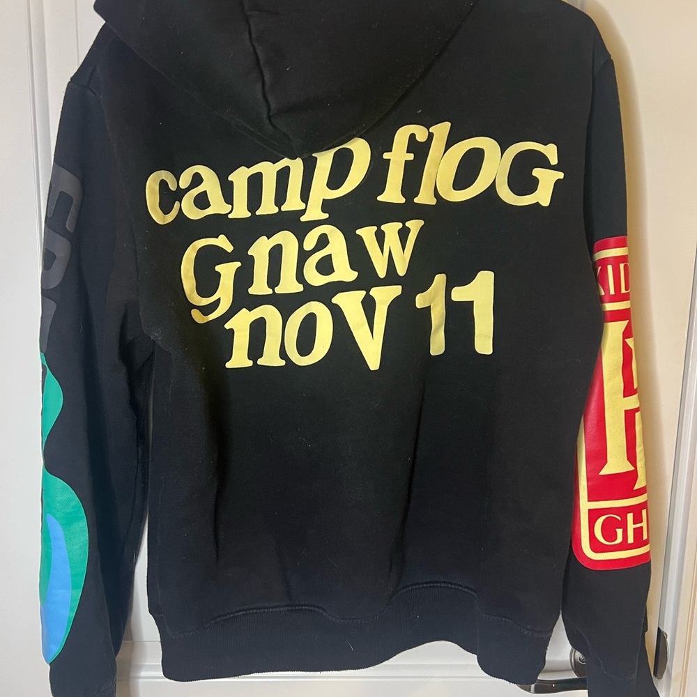 Black Graphic Hoodie with Colorful Patches - Picture 2 of 4